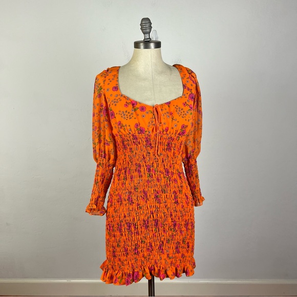 For Love & Lemons Peony Mini Dress in Tangerine - Picture 2 of 8